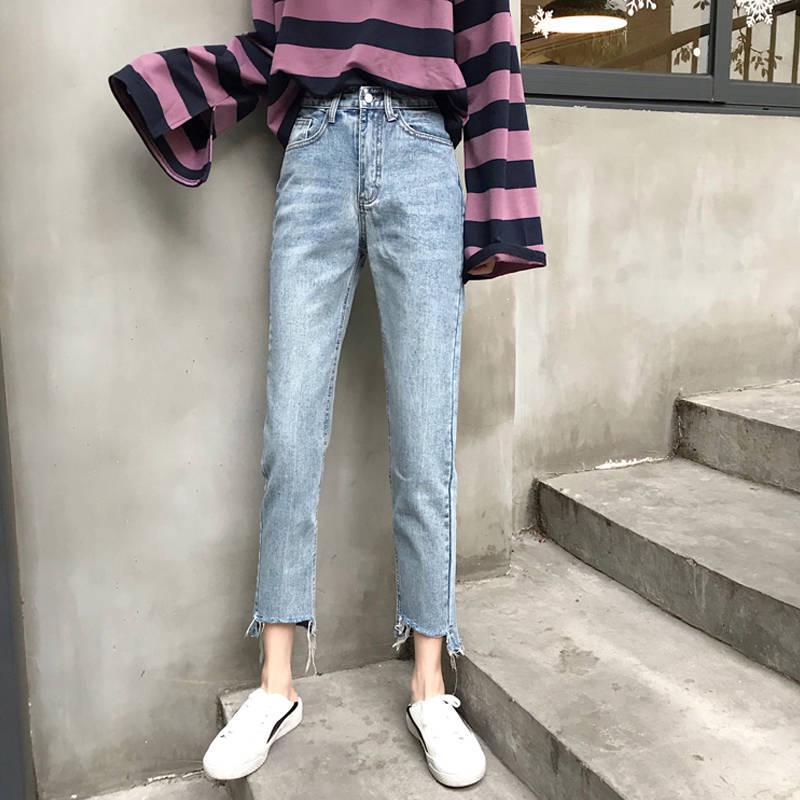 WTEMPO Retro High-waisted Jeans Schoolgirl  Thin Loose Straight Comfortable and Elastic Nine Pants
