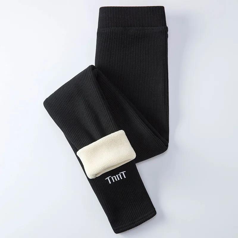 Winter Plus Velvet Thick Vertical Stripes Leggings for Women's Outer Wear Trousers Plus Size Tight-fitting Stretch High-waist One-piece Trousers