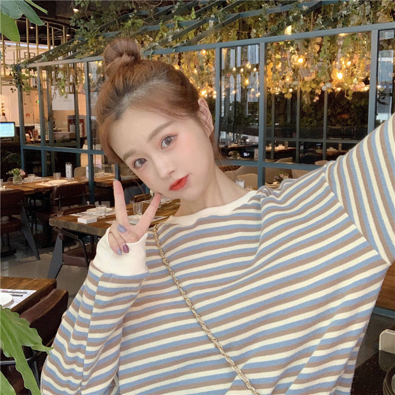 Women Stripe Print Long Sleeve Round Neck T-Shirt Top Summer Fall Lady Casual Pullovers