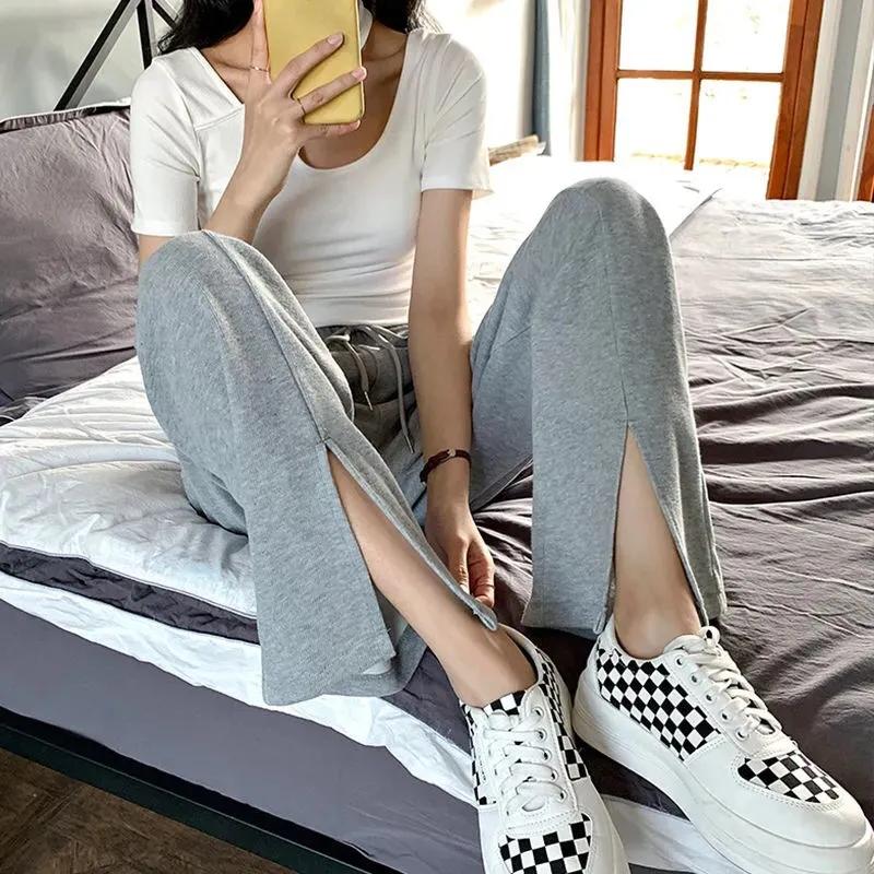 Ice Silk Front Slit Casual Pants Women's Drape High Elastic Waist Wide Leg Pants Straight Loose Long Trousers