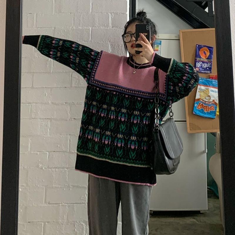 Autumn Winter  Women Fashion Sweater Casual Knitting Sweater Retro Print Round Neck Pullovers Loose Casual Long Sleeve Sweater