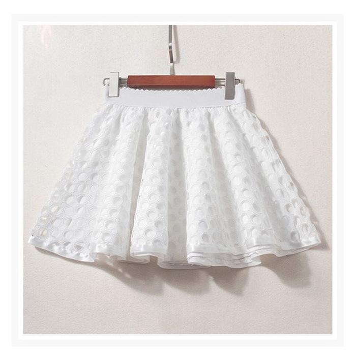 Two Layers High-waist Elasticity Hollow Out Plus Size Short Skirt Women's A-line Skirt  Anti-glare Solid Color