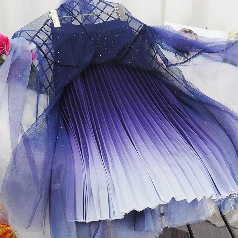 Starry Sky Gradient Color Skirt High Waist Sequined Mid-length Mesh Gauze Large Swing Skirt Women's A-line Skirt Dream Skirt