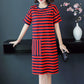 Cotton Fabric Loose Mid-length Striped Pocket T-shirt Skirt Covering The Flesh and Slimming Short-sleeved Dress Women's Loose Striped Straight Dress