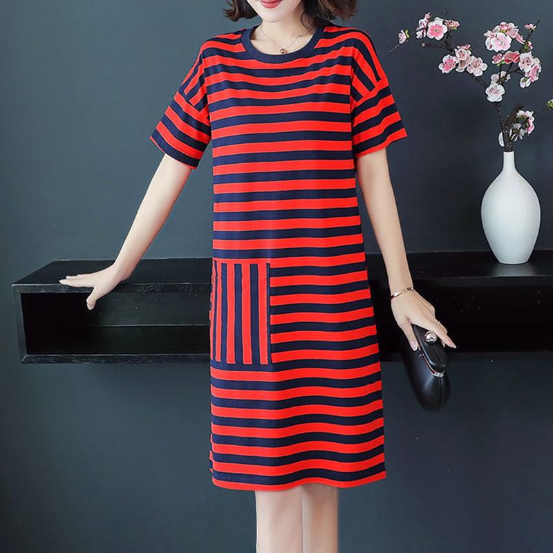 Cotton Fabric Loose Mid-length Striped Pocket T-shirt Skirt Covering The Flesh and Slimming Short-sleeved Dress Women's Loose Striped Straight Dress