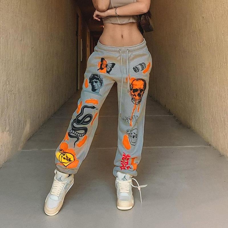 Women Sweat Pant Harajuku Cartoon Printed Trousers Jogger Drawstring Cargo Pant Streetwear Casual Sweatpant Spring Autumn