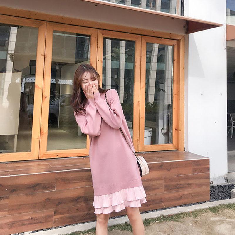 Autumn and Winter Half Turtleneck Sweater Thickened Long Over-the-knee Shirt Color-blocking Ruffled Knitted Dress
