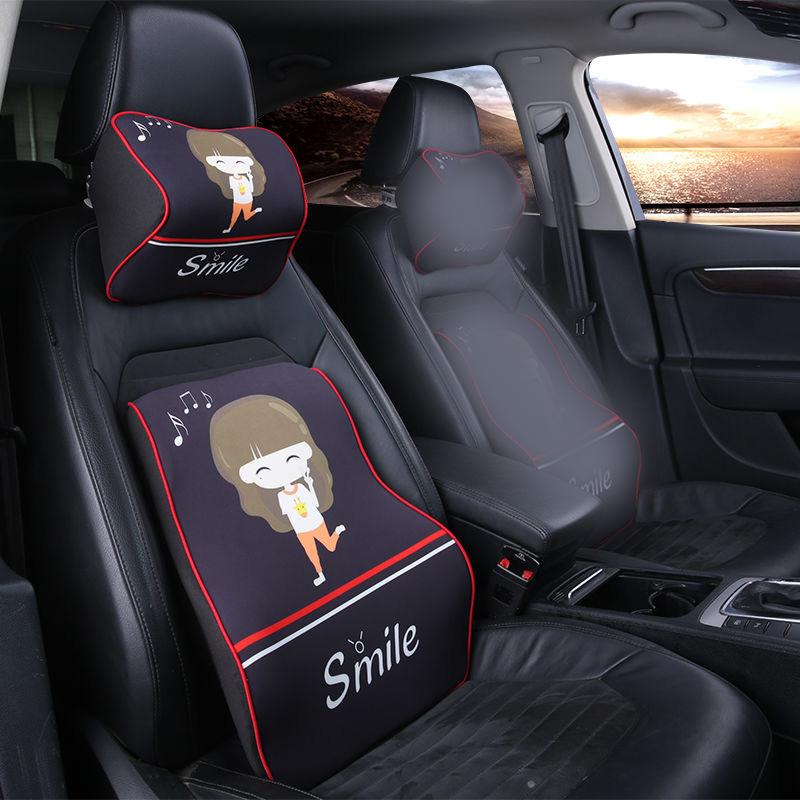 Little Girl Printing Car Neck Pillow and Lumbar Pillow Set Seat Support Pillow Breathable Spine Protection Tool