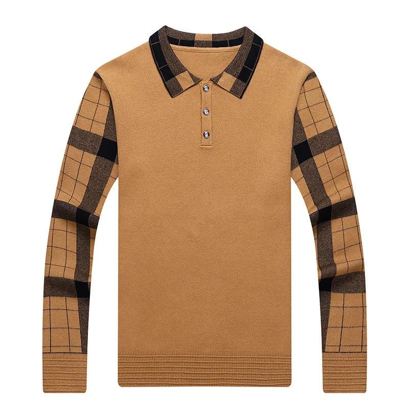 Spring and Autumn Men's Wool Sweater Shirt Plaid Collar Lapel Warm Polo Shirt Slim Top Bottom Shirt