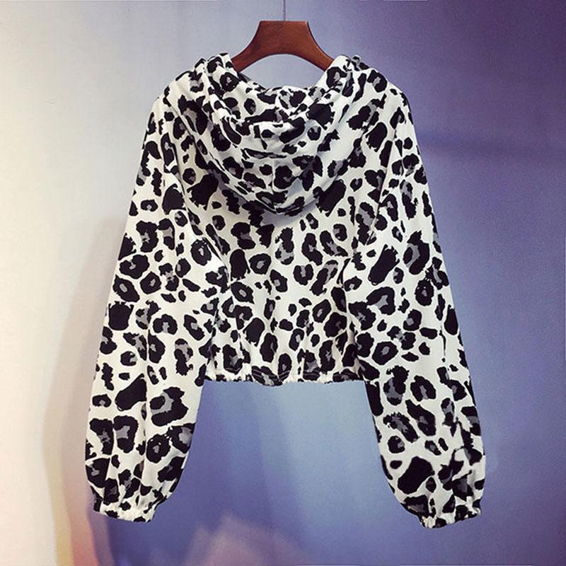 Leopard Print Long-sleeve Hooded Sweatshirt Women Korean Style Short Coat Loose Top