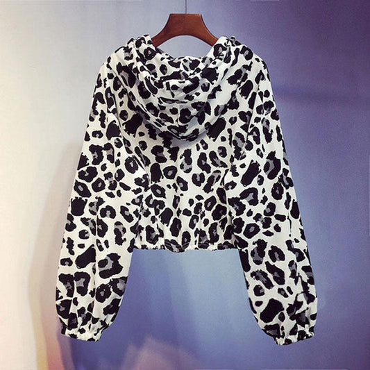 Leopard Print Long-sleeve Hooded Sweatshirt Women Korean Style Short Coat Loose Top