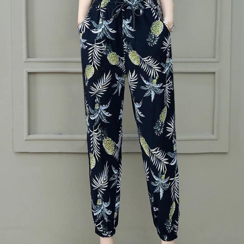 Elastic Waist Printing Boutique Harlan Cotton Trousers Nine Minutes Pants Women Loose Summer High Waist Thin Thin Casual Pants Women