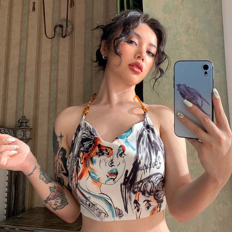 Street Style Face Print Lace-up Halter Vest Women's Summer Sexy Beauty Back Crop Top Beaded Strap Camisole Sleeveless Beach Wear Cool Steetwear Top