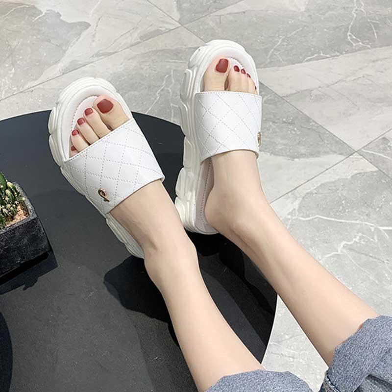 Size35-40 Summer Women Leather Slippers Bohemian Beach Waterproof Slippers Wedge Platform Crystal Letter Sandals Outdoor High Heels