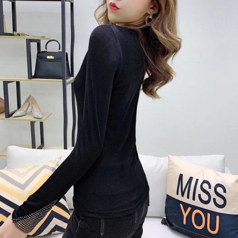 Spring and Autumn Women's Long-sleeved Round Neck Slim Bottoming Shirt Solid Color Top