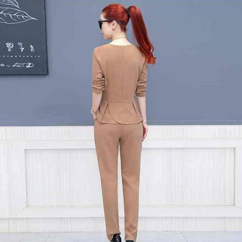Spring and Autumn Dress Suit Women's Slim Slim Skinny Pants Temperament Two-piece Solid Color Round Neck Top + Suit Pants