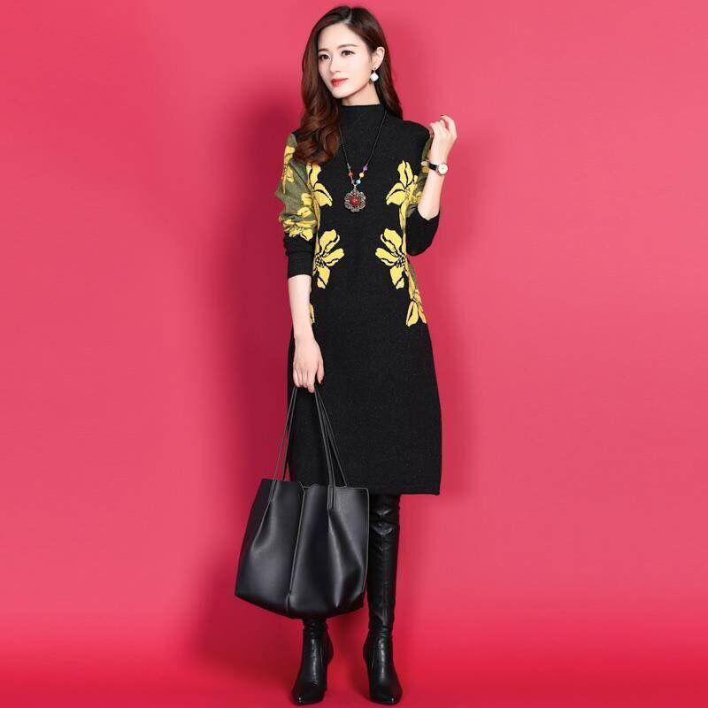 Pofulove  Slim Thick Joker Bottoming Sweater Turtleneck Plus Velvet Thick Long-sleeved Loose Dress