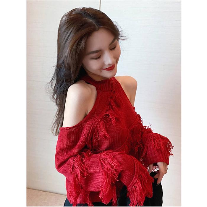 Women Sexy Off-Shoulder Turtleneck Pullover Halter Neck Tassels Knitted Bottoming Shirt