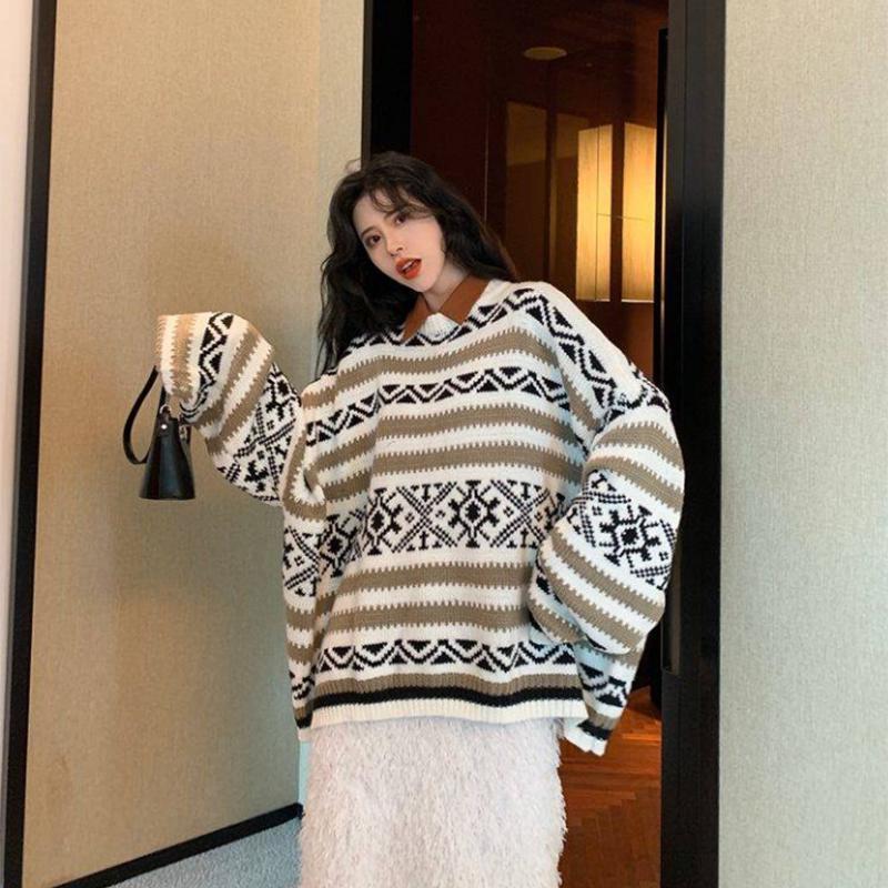 Pofulove autumn and winter loose sweater jacquard long-sleeved thick round neck sweater women