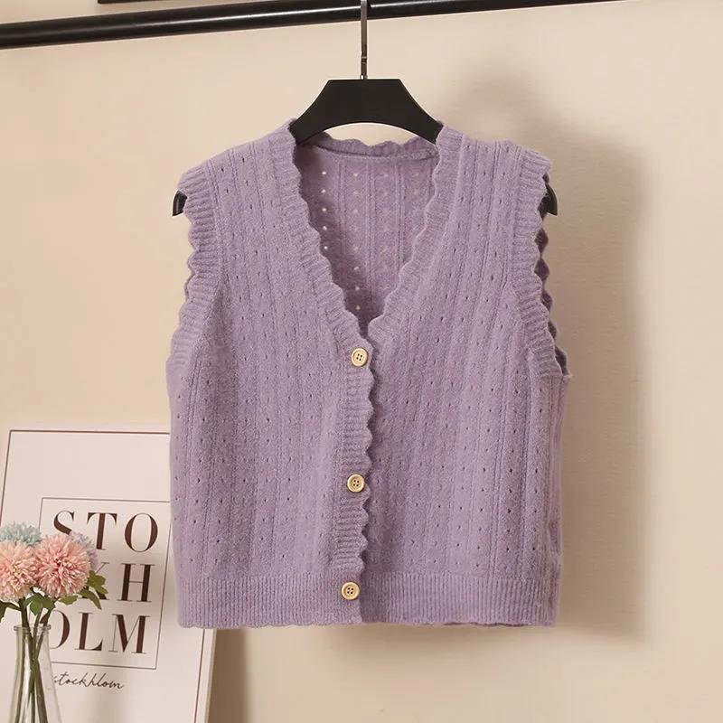 Wool Knitted Vest Women's Vest Spring and Autumn Loose Short Wave Side Single-breasted Hollow Sweater Small Cardigan