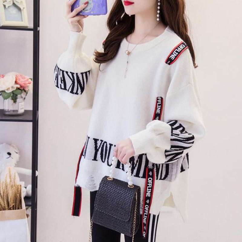 Personalized Round Neck Sweater Women Loose Letter Printing Irregular Split Hem Pullover Sweater Outer Wear