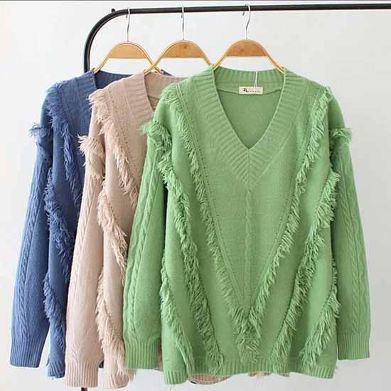 Pofulove Long Sleeve Tassel Sweater Solid Color V-neck Loose Thicken Bottoming Knitwear Jumper Top