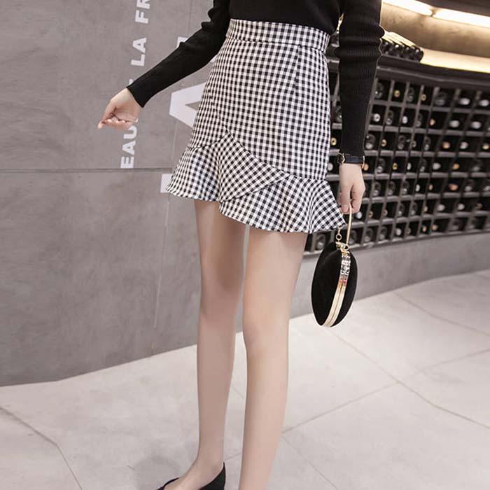 Pofulove Women Anti-light Skirt High Waist Slim Sexy Plaid Mermaid Hip Skirt A-line Short Skirts