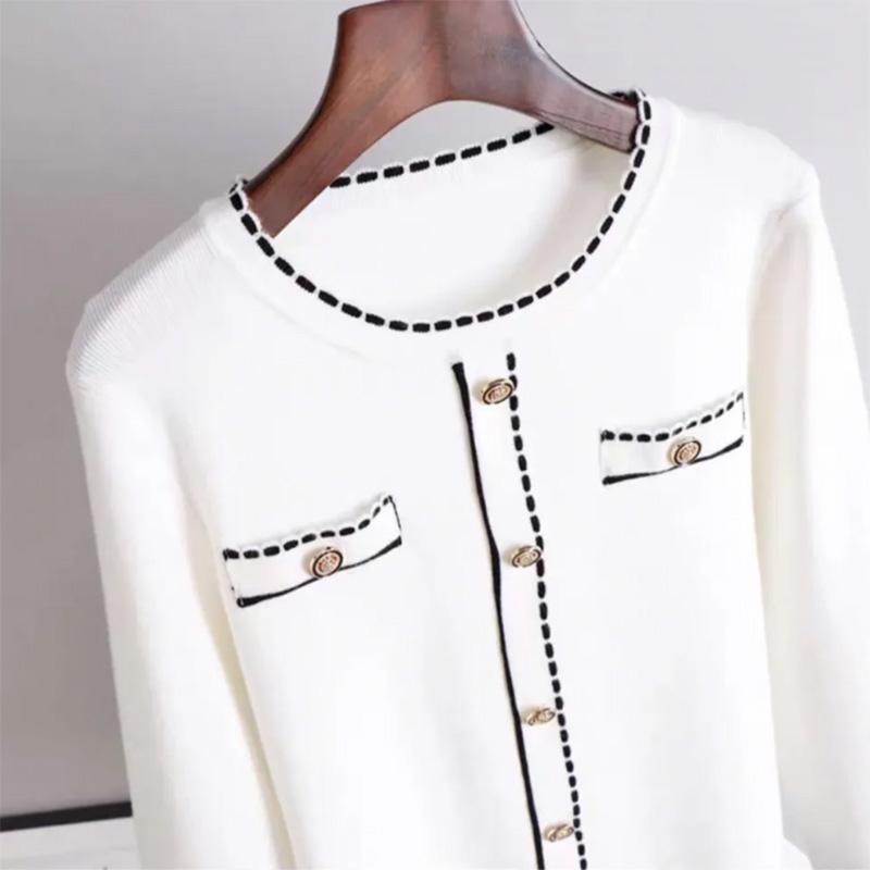 Color-blocking Long-sleeved Knitted Sweater Women's Suit Collar Pocket Shirt Temperament Age-reducing Cardigan