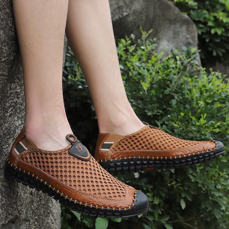 Large Size Handmade Leather Shoes New Breathable Mesh Shoes Hole Shoes Summer Shoes 38-47