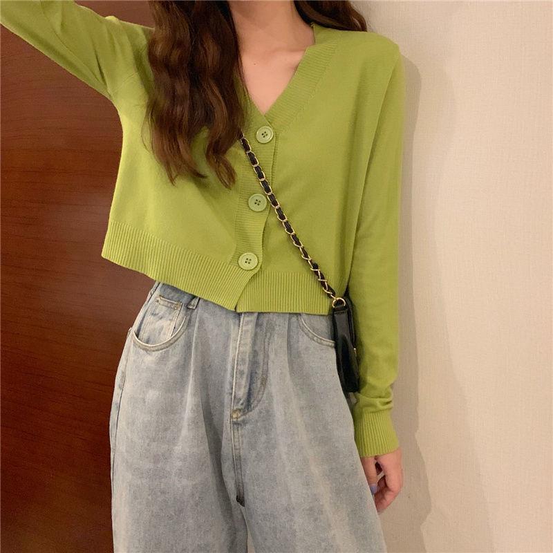 Spring and Autumn Knitted Cardigan Long Sleeve V-neck Sweater Solid Color Short Casual Coat