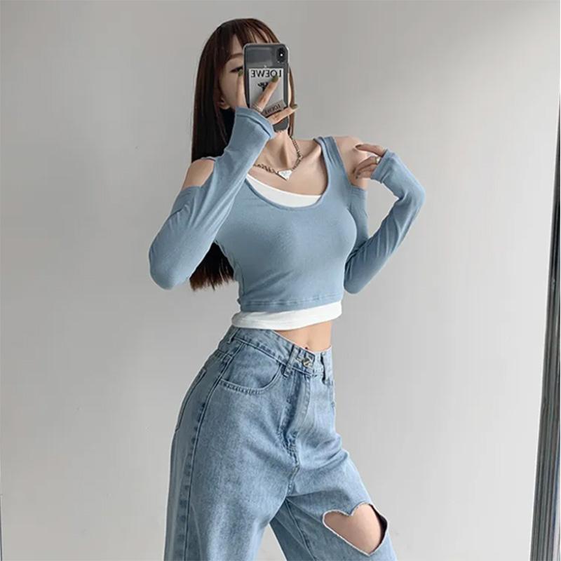 Eye-catching Off-the-shoulder Long-sleeved T-shirt Women's Contrast Color Stitching Fake Two-piece Short Top