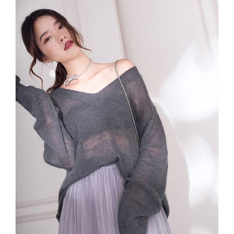 Pofulove Mohair Sweater Hedging Thin Perspective Sexy Lady Hollow Long-sleeve Bottoming Knitwear