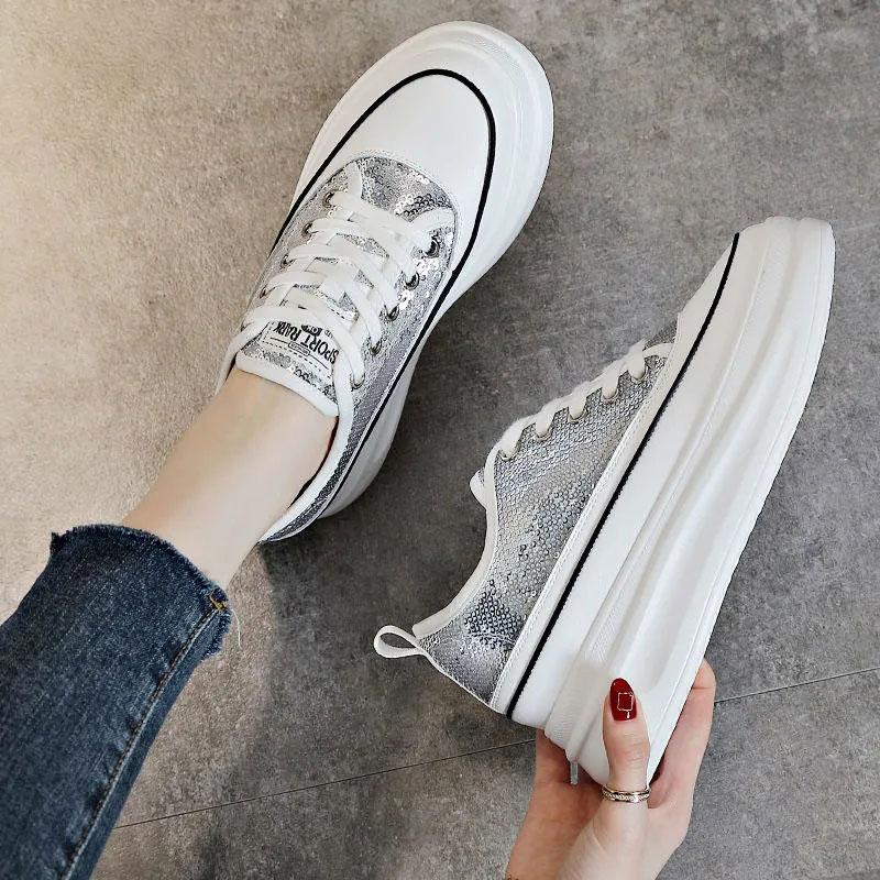 Women's Platform Shoes Sequined Shoes Leather Breathable Inner Increase White Shoes Casual Shoes Female Students' Thick-soled Shoes