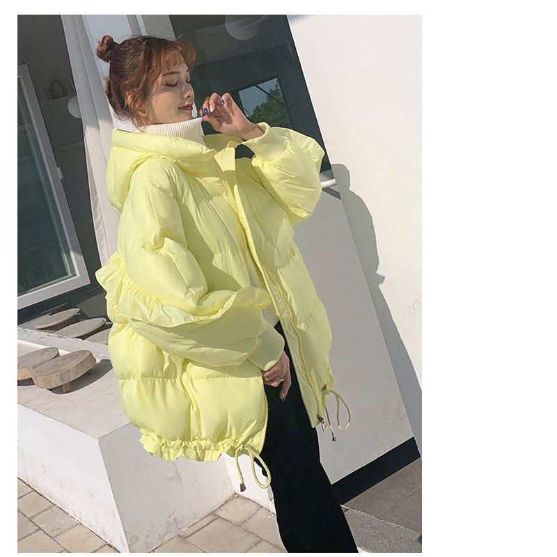 Winter Clothes New Personality Women's Down Jacket Candy Color Hooded Drawstring Ruffled Sleeves Fashionable White Duck Down Loose Coat