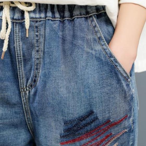 Women's Summer Loose Plus Size Jeans Cartoon Embroidered Harem Pants with Elastic Waist All-match Casual Pants