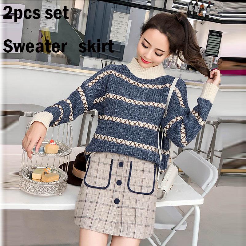 Large Size 2pcs Set Sweater+Short Skirt Woman Sweater High Collar Sweater Winter Knitting Sweaters