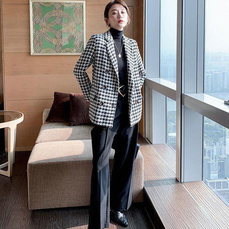 Houndstooth Woolen Coat Thick Loose Autumn Winter Coat Women Thicken Slim Pea Coat