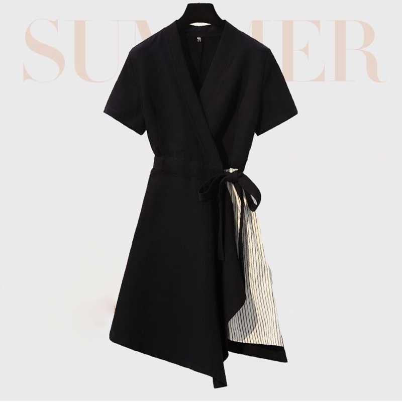 Pofulove M-4XL Summer Women High Quality Cotton Black V-neck Thin Stripe Dress Office Ladies Dress