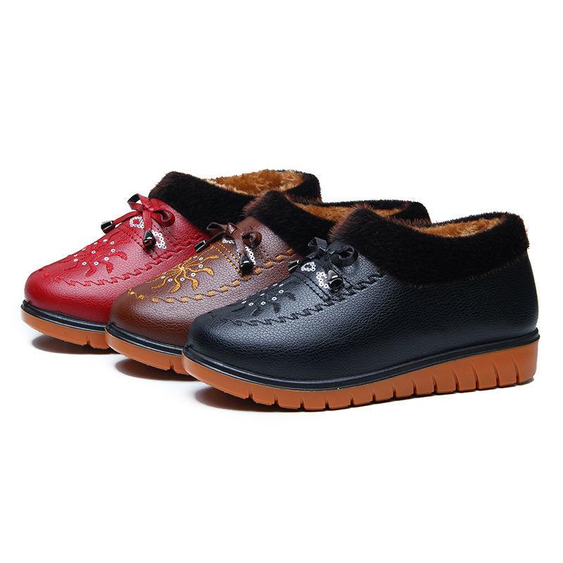 Winter Plus Velvet Women's Waterproof and Warm Leather Cotton Boots Non-slip Flat-bottomed Soft-soled Cotton Shoes