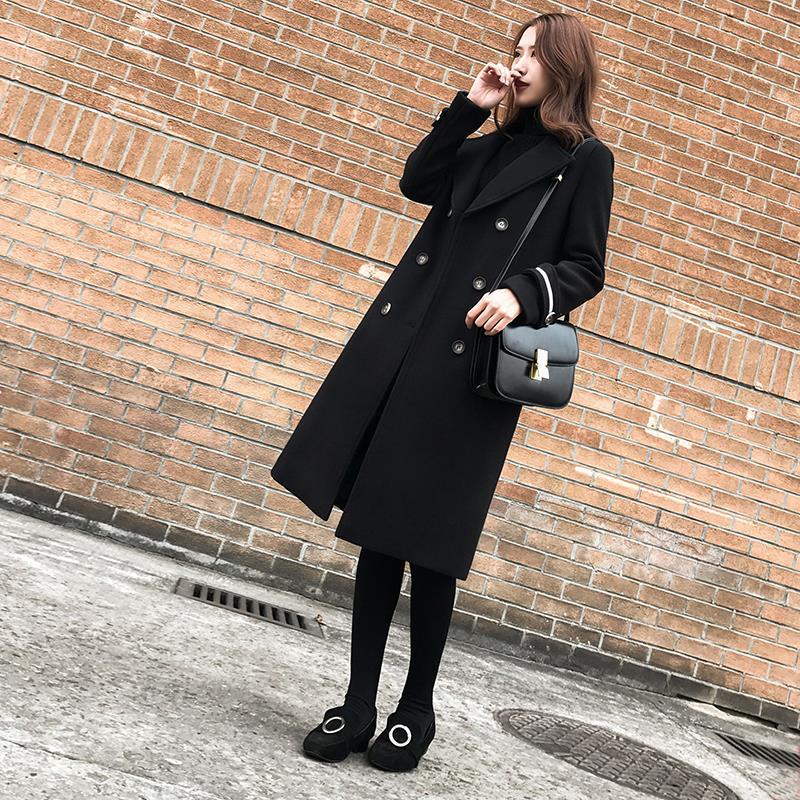 Black Women's Mid-length Woolen Coat Looks Thin In Autumn and Winter Straight Over The Knee Thick Coat