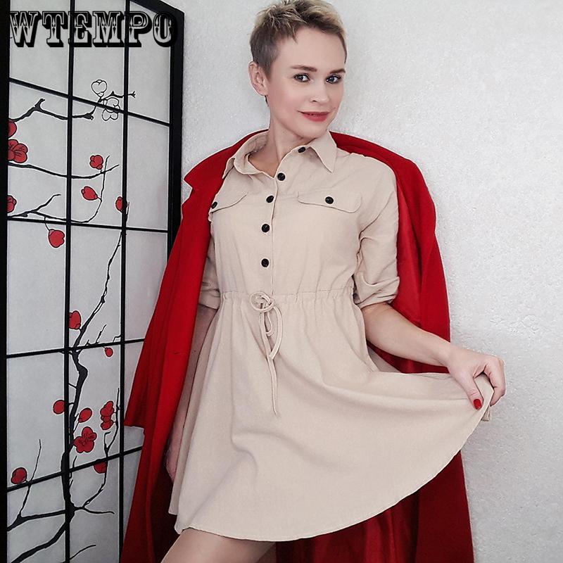 Solid Womens Mini Dress Long Sleeve Pocket Loose Dresses Ladies Autumn Casual Retro Vestidos