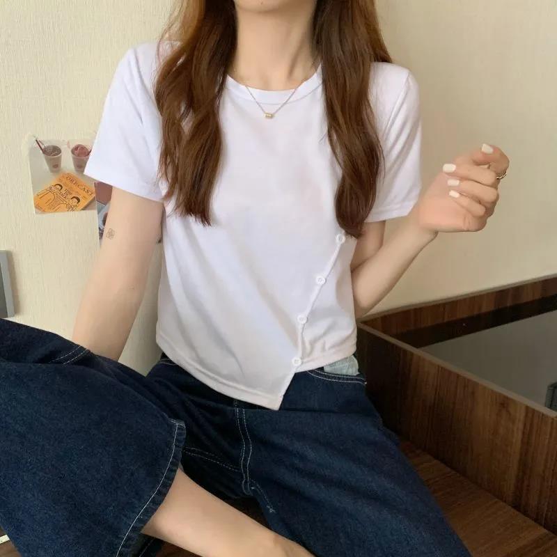 Summer Personality Tops button Women Ladies Irregular Loose Short Sleeve T-shirt Blouse