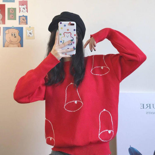 Women Sweater Red Christmas Snowflake Fawn Loose Knit Sweater Women O-Neck Long Sleeve