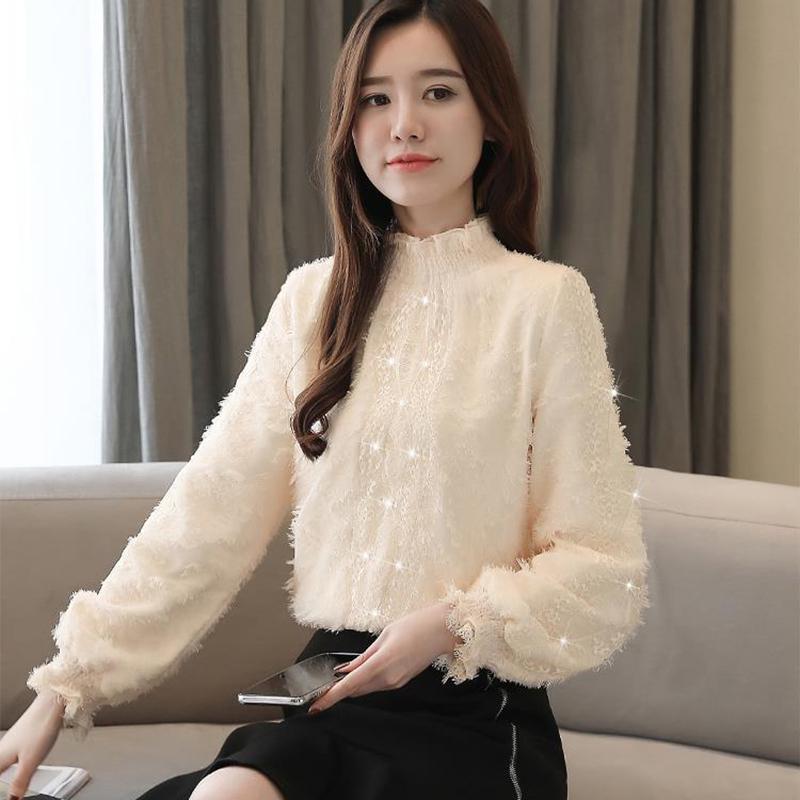 Lace Bottoming Shirt Autumn and Winter Fashion Trend Chiffon Shirt Flocking Blouse