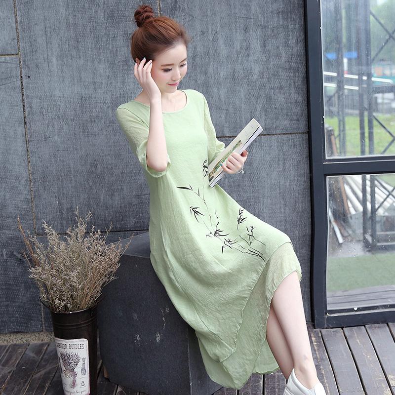 Summer Retro Ethnic Print Dress Mid-length Plus Size Fake Two Pieces of Bamboo Print Solid Color