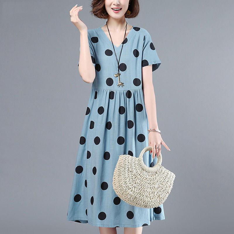 Polka Dot Dress Women's Short Trumpet Sleeve V-Neck Calf Length Daily Dating Party Office Wear