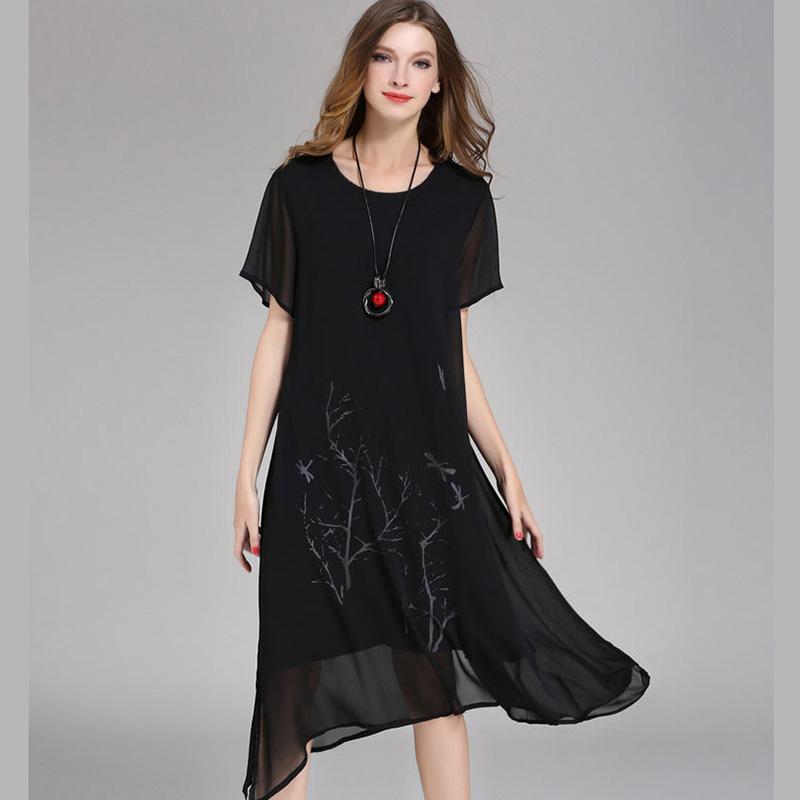 Large Size Loose Chiffon Dress Round Neck Short Sleeve Printing Mid-length Women's Clothing