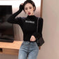 Pofulove Half Turtleneck Lettering Sweater Knit Sweater Top Retro Slim Long Sleeve Pullover