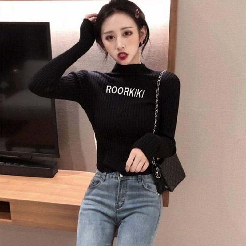 Pofulove Half Turtleneck Lettering Sweater Knit Sweater Top Retro Slim Long Sleeve Pullover