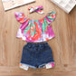 Summer Girls' Hole Shorts One Shoulder Top Denim Shorts Set Three Piece Children's Denim Shorts Suit